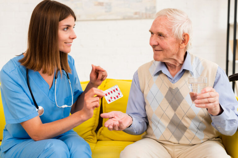 A senior holding a card with the word "Medicare" on it, while a shadowy figure representing a fee-based Medicare counselor looms in the background, symbolizing the potential exploitation of vulnerable seniors.