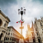 Beautiful Panoramic view of Duomo square in Milan with big stree